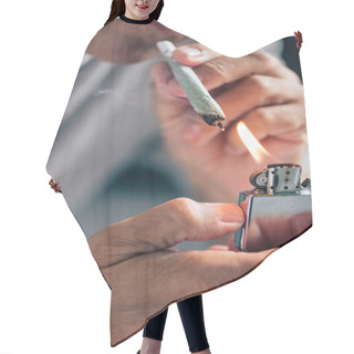 Personality  Cropped View Of Man Lighting Up Blunt With Medical Cannabis Hair Cutting Cape