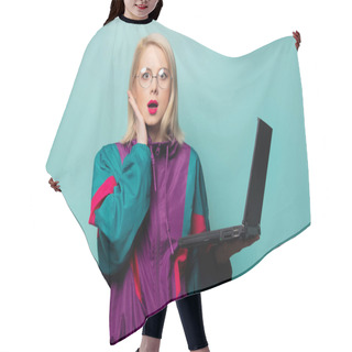 Personality  Style Blonde Woman In Glasses With Laptop Computer  Hair Cutting Cape