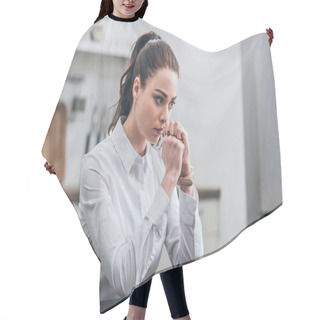 Personality  Upset Woman In White Blouse Sitting At Table In Kitchen And Thinking, Grieving Disorder Concept Hair Cutting Cape