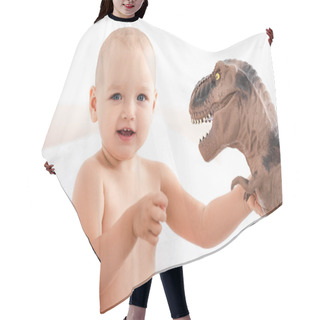Personality  Cute Little Child Looking At Camera And Holding Brown Toy Dinosaur Hair Cutting Cape