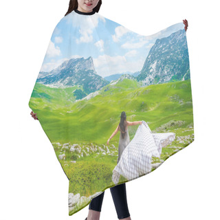 Personality  Back View Of Woman Running On Valley With Blanket In Durmitor Massif, Montenegro Hair Cutting Cape