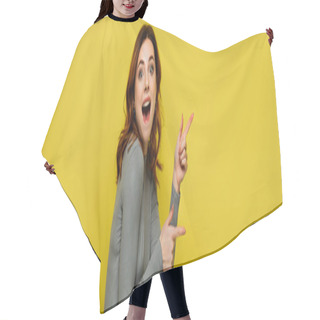 Personality  Excited Woman Looking At Camera While Pointing With Fingers Isolated On Yellow, Banner Hair Cutting Cape