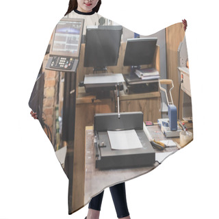 Personality  Print Center With Modern Equipment Next To Monitor And Paper Trimmer  Hair Cutting Cape