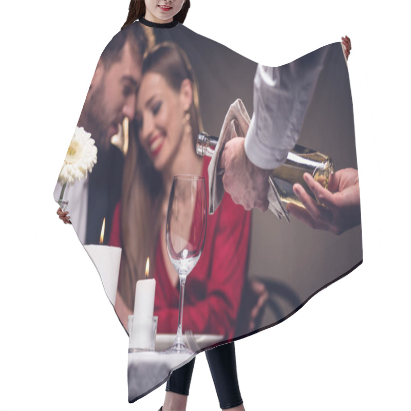 Personality  Waiter Pouring Wine While Beautiful Couple Having Romantic Date In Restaurant On Valentines Day Hair Cutting Cape