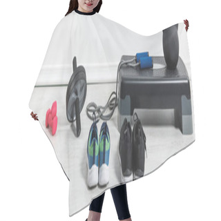 Personality  Panoramic Shot Of Step Platform And Sports Stuff On Floor At Home  Hair Cutting Cape