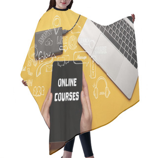 Personality  Cropped View Of Man Holding Digital Tablet With Online Courses Illustration  Hair Cutting Cape