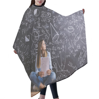 Personality  Beautiful Young Girl In Front Of Blackboard Hair Cutting Cape