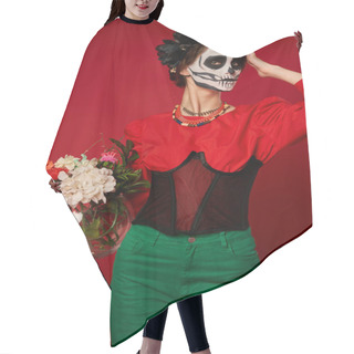 Personality  Woman In Skeleton Makeup And Festive Attire Holding Vase With Colorful Flowers On Red, Day Of Dead Hair Cutting Cape
