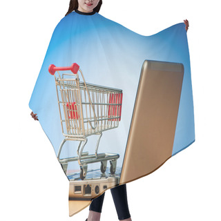 Personality  Internet Online Shopping Concept With Computer And Cart Hair Cutting Cape