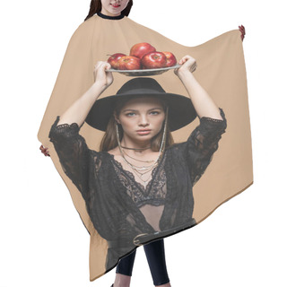 Personality  Model In Fedora Hat And Guipure Robe Holding Plate With Apples Above Head Isolated On Beige  Hair Cutting Cape