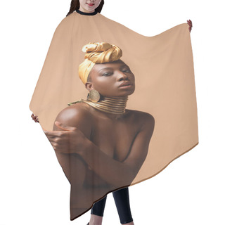 Personality  Sexy Naked Tribal Afro Woman Posing Isolated On Beige Hair Cutting Cape
