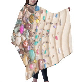 Personality  Pebbles, Gemstones And Shells On Beach Sand Hair Cutting Cape