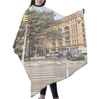 Personality  Cars Moving On Crossroad With Traffic Lights Near Trees On Urban Street In New York City, Fall Scene Hair Cutting Cape