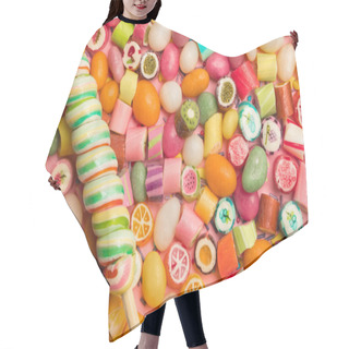 Personality  Top View Of Bright Delicious Multicolored Caramel Candies And Swirl Lollipop On Wooden Stick Hair Cutting Cape