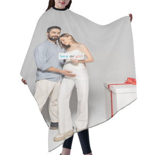 Personality  Cheerful Man Hugging Pregnant Wife With Boy Or Girl Lettering On Card And Looking At Camera Near Big Gift Box During Gender Reveal Surprise Party On Grey Background, Expecting Parents Concept Hair Cutting Cape