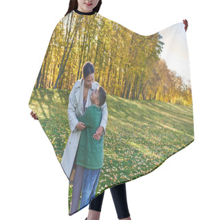 Personality  Happy African American Woman Hugging With Son, Standing On Grass With Golden Leaves, Autumn Hair Cutting Cape