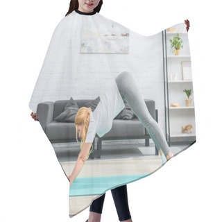 Personality  Side View Of Young Woman In Adho Mukha Svanasana Position On Yoga Mat Hair Cutting Cape