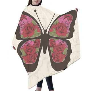 Personality  Abstract Butterfly With Ornaments Of Roses Flowers. Floral Patterned Openwork Wings Exotic Insect. Print In Style Boho, Hippie, Bohemian. For Use In Textile Design, Print, Fabric Design, Tattoo, Card Hair Cutting Cape
