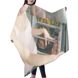 Personality  Cropped View Of Pregnant Girl Pointing Into Opened Fridge In Kitchen Hair Cutting Cape
