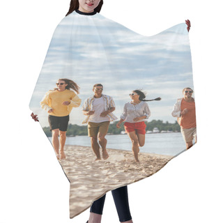 Personality  Happy Multicultural Friends Running On Sunny Beach Near River Hair Cutting Cape