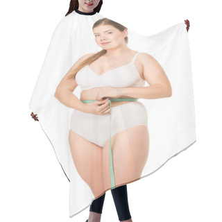 Personality  Overweight Woman Measuring Waist Hair Cutting Cape