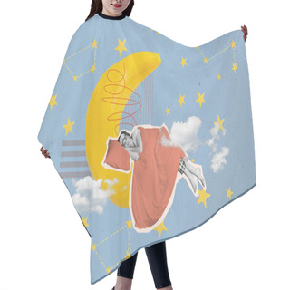 Personality  3d Collage Illustration Artwork Of Young Happy Smiling Girl Fall Asleep Moon Wrapped In Comfy Warm Blanket Isolated On Stars Sky Background. Hair Cutting Cape