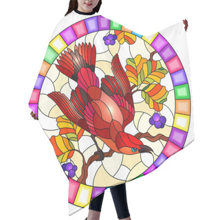Personality  Illustration In The Style Of Stained Glass With A Beautiful Bright Red  Bird  On A  Background Of Autumn Branch Of Tree And Sky,oval Image In Bright Frame Hair Cutting Cape