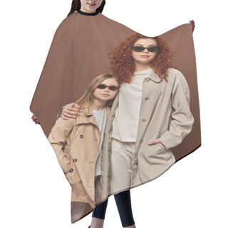 Personality  Autumn Style, Redhead Mother And Kid Posing In Sunglasses And Beige Trench Coats, Brown Backdrop Hair Cutting Cape