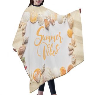 Personality  Frame Of Seashells Near Placard With Summer Vibes Illustration On Sandy Beach Hair Cutting Cape