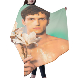 Personality  Portrait Of Shirtless Man With Oil On Skin Holding Magnolia Branch On Green Background Hair Cutting Cape