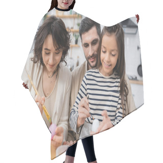 Personality  Happy Family Smiling While Coloring Easer Eggs In Kitchen  Hair Cutting Cape