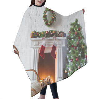 Personality  Living Room With Fireplace, Rocking Chair And Decorated Christmas Tree Hair Cutting Cape