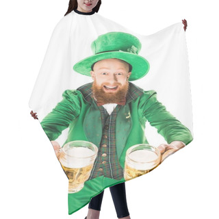 Personality  Leprechaun Celebrating St Patricks Day With Glasses Of Beer, Isolated On White Hair Cutting Cape