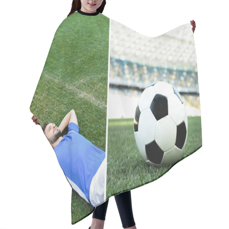 Personality  collage of professional soccer player in blue and white uniform lying on grass and ball on football pitch at stadium hair cutting cape