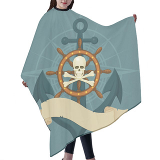 Personality  Skull And Crossbones With Ships Wheel, Anchor And Vintage Ribbon. Hair Cutting Cape