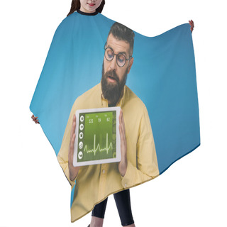 Personality  Interested Bearded Man Looking At Digital Tablet With Health Data, Isolated On Blue Hair Cutting Cape