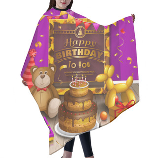 Personality  Happy Birthday Greeting Card. Lots Of Presents And Toys. Party Hats, Teddy Bear, Cake, Dog Balloon, Box Of Chocolates, Confetti, Playing Ball And Pattern Gold Frame For Your Text On Wooden Floor Hair Cutting Cape
