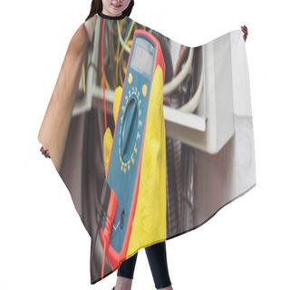 Personality  Panoramic Crop Of Electrician Using Multimeter Near Electrical Distribution Box Hair Cutting Cape