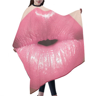 Personality  Sweet Kiss. Sexy Pink Wet Lip Makeup. Close-up Of Beautiful Full Lips Hair Cutting Cape
