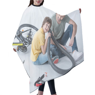 Personality  Father And Son Repairing Bicycle  Hair Cutting Cape