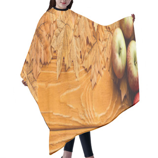 Personality  Top View Of Ripe Apples And Autumnal Foliage On Wooden Background, Panoramic Shot Hair Cutting Cape