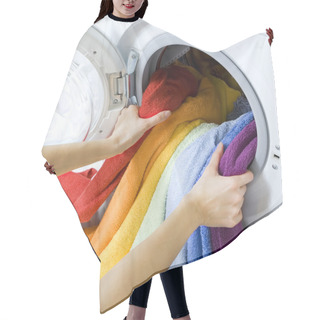 Personality  Woman Taking Color Clothes From Washing Machine Hair Cutting Cape
