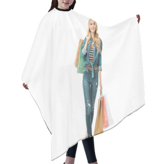 Personality  Smiling Young Woman Walking With Colorful Shopping Bags Isolated On White Hair Cutting Cape