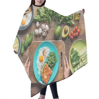 Personality  Woman Holding Cutting Board With Breakfast Hair Cutting Cape