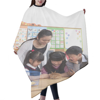 Personality  Schoolchildren And Teacher Playing With Pet Rabbit In The Classroom Hair Cutting Cape
