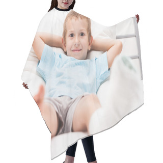 Personality  Little Child Boy With Plaster Bandage On Leg Heel Fracture Or Br Hair Cutting Cape