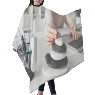 Personality  Cropped View Of Businesswoman Working With Laptop At Workplace With Zen Stones Hair Cutting Cape