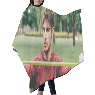 Personality  Panoramic Crop Of Sportsman Pulling Up Resistance Band In Park  Hair Cutting Cape
