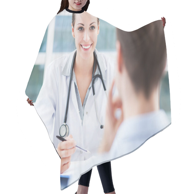 Personality  Female Doctor Talking To Patient Hair Cutting Cape