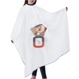 Personality  Cropped Image Of Woman With Beautiful Luxury Red And Black Earring Standing In Hole Of White Paper Hair Cutting Cape